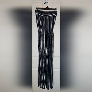 Be Cool Black White Striped Strapless Wide Leg Jumpsuit - Size Medium